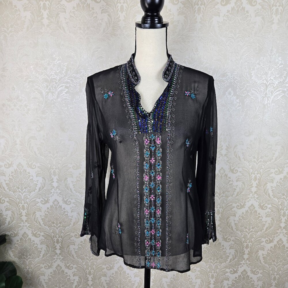 Silkland Size Small Silk Black Tunic Sheer Embroidered Sequins Floral Long Slv